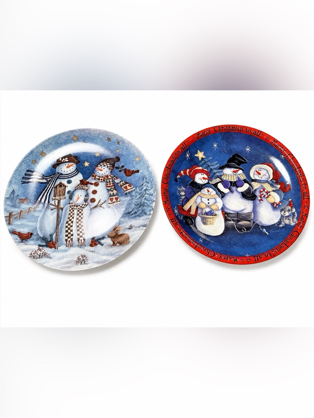 Vintage Set of 2 Snowman Plates - 1 Retired At Home 1 Cookie Plate Lovely
